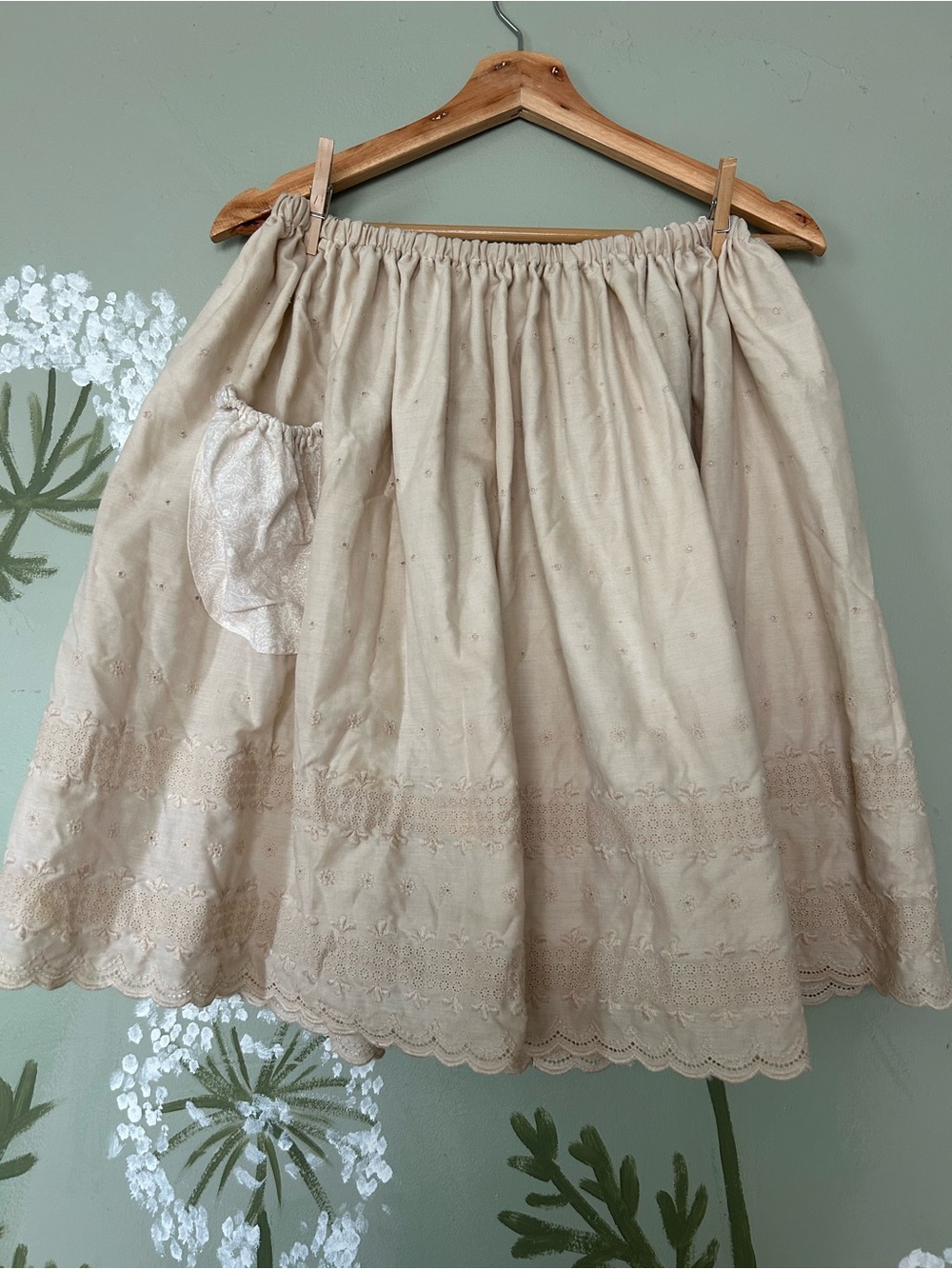 Handmade Cream Embroidered Eyelet Full Skirt with Pocket